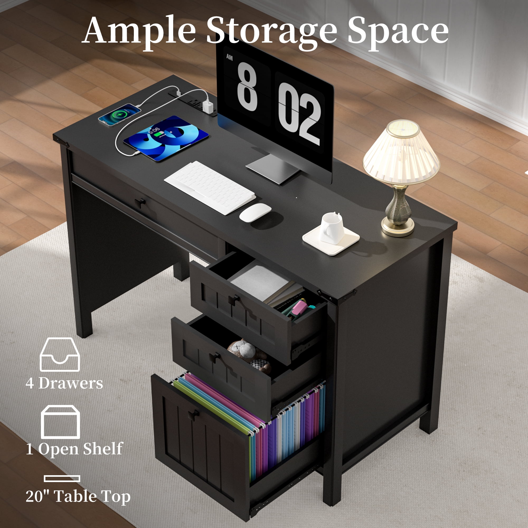 FIAKOA 3 PC Home Office Desk Set, Executive Office Desk Set with Charging Station & Bookshelf Set , Black