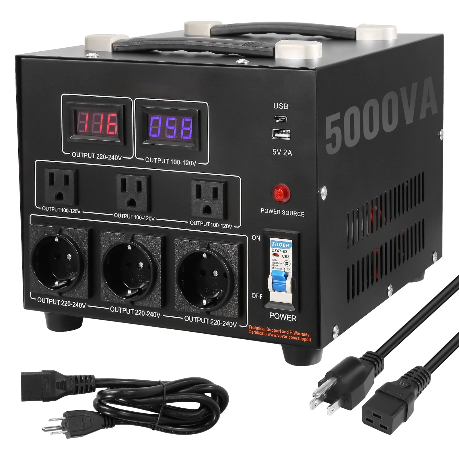 KFFKFF Convert from 110 Volt to 220 Volt and from 220 Volt to 110 Volt, with US Outlet EU Outlet 5V USB Port, CE Certified, 5000W, Heavy Duty Step Up/Down Transformer, Voltage Converter Transformer