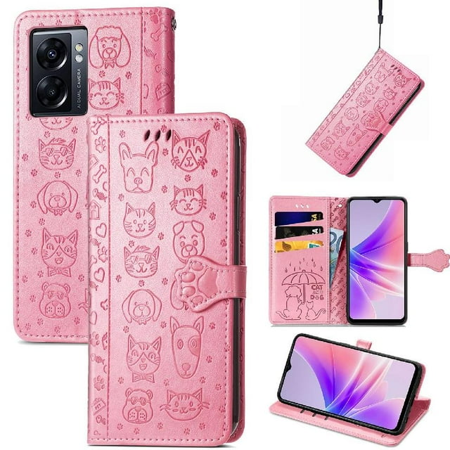 Funda Cartera FOXDOCK para OPPO A77 , Flip PU con Relieve de Gatos y Perros, Tarjetero y Soporte