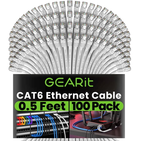 GearIT 100-Pack, Cat 6 Ethernet Cable Cat6 Snagless Patch 0.5 Feet - Snagless RJ45 Computer LAN Network Cord, White - Compatible with 48 Port Switch
