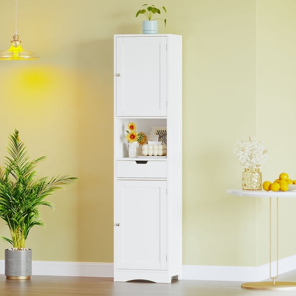 S-HOME 67 Inch Tall White Bathroom Cabinet with 2 Doors and 1 Drawer, Storage Organizer with Adjustable Shelves for Home Use