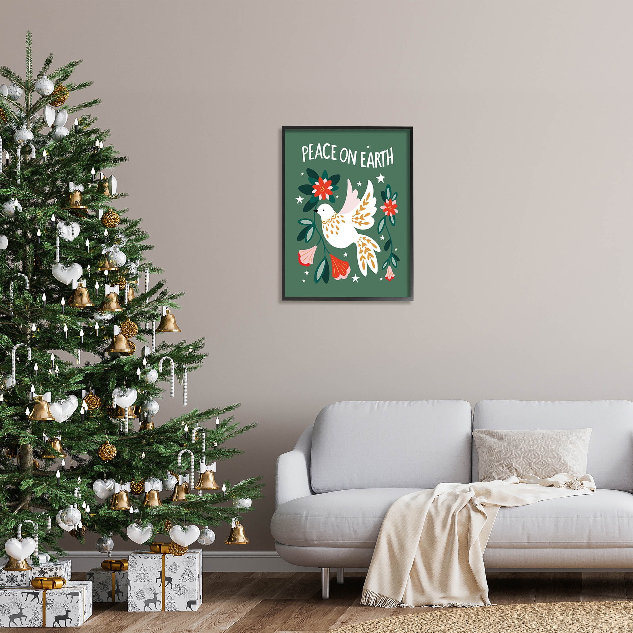 Peace On Earth Floral Dove Blossoms Holiday Graphic Art Black Framed Art Print Wall Art