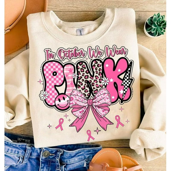 In October We Wear Pink Sweatshirt, Breast Cancer Awareness Ribbon Crewneck, Retro Pink Out Sweatshirt for Strong Women