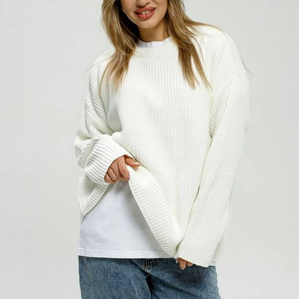 Suéter de cuello redondo para mujer, manga larga, suelto, color sólido, cuello redondo, suéter de punto, suéter para mujer