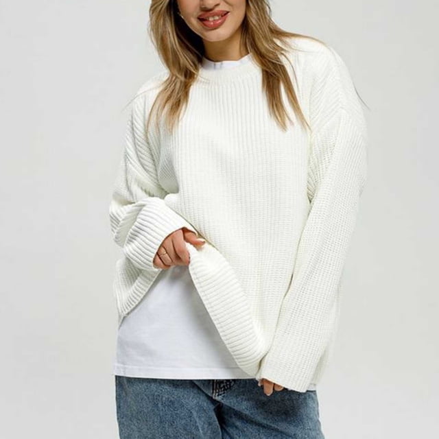 Fankiway Women'S Long Sleeved Loose Solid Color Round Neck Pullover Knitted Sweater