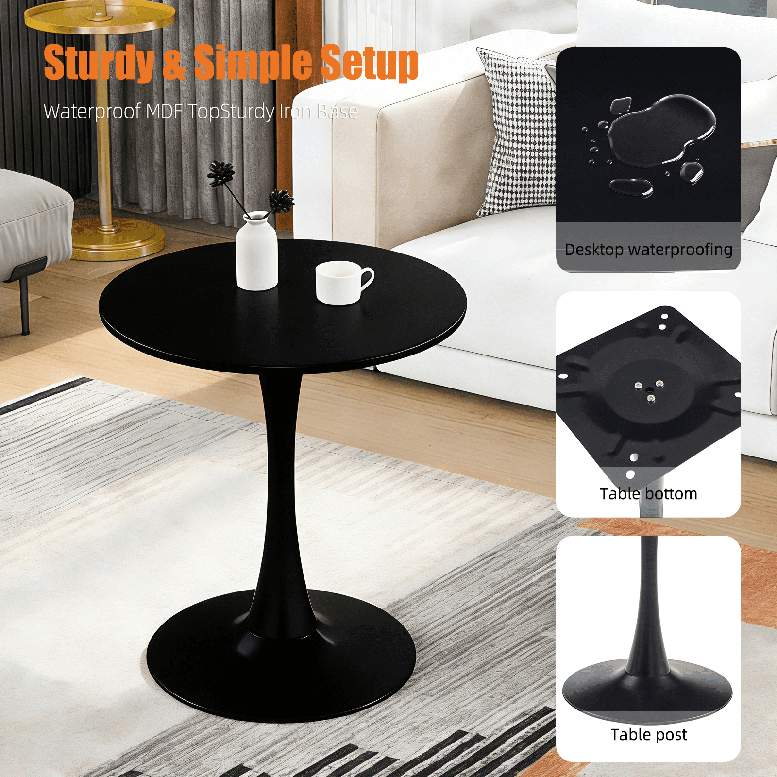 24-Inch Black Round Dining Table with Tulip-Style Single-Column Base, Modern MDF Table for Home Kitchen and Small Spaces, Black
