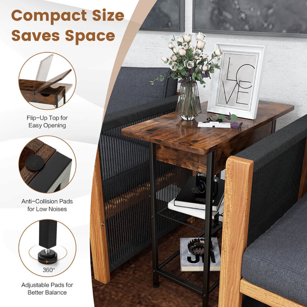 Finihen End Table, Side End Table with Charging Station Flip-Up Top, Sofa Side Table, Bed Side Table, for Living Room, Bedroom, Rustic Brown Finihen End Table, Side End Table with Charging Station Flip-Up Top, Sofa Side Table, Bed Side Table, for Living Room, Bedroom, Rustic Brown