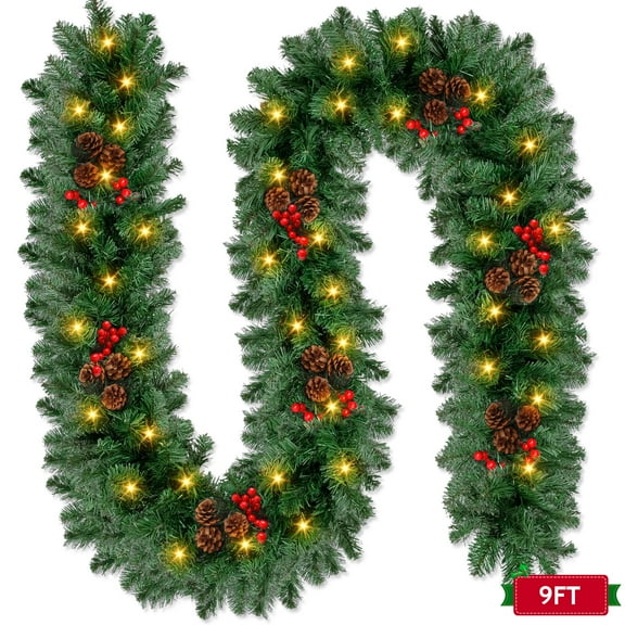 Yexmas 9ft Large Christmas Garland, Multi-Purpose Xmas Wreath with 45 LED Lights, Decorated with Pinecones, Berry Clusters, Battery Operated