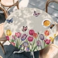 thumbnail image 2 of Tulips Spring Floral Round Tablecloth, Fitted Table Cover with Elastic for 36"-44" Round Tables, Pastoral Flowers Butterfly Rustic Table Cloth Outdoor Indoor Dinning Party Waterproof Tablecloths, 2 of 7