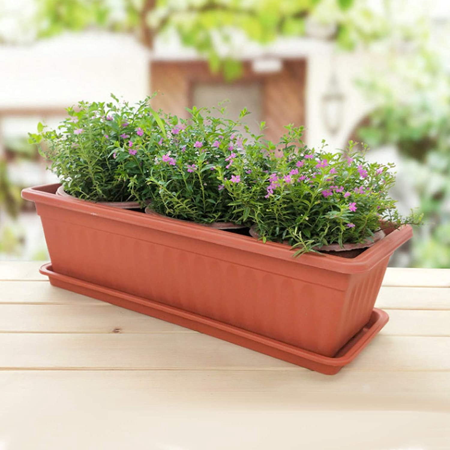 3 Pcs Window Box Flower Pots with Saucer, 15 Inches Plastic Rectangular Planters,for Windowsill,Patio, Garden, Home Decor, Porch (Brick Red)