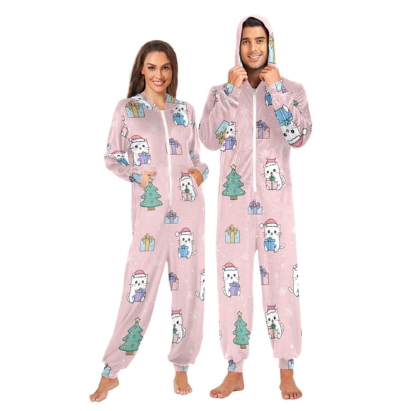 1 Piece Adult Onesie Pajamas Cozy & Loose-Fit Sleepsuit Loungewear with Pockets Cat Holding Christmas Gifts X-Small