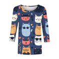 thumbnail image 6 of JTZGDY Cute Cat Print Summer T-Shirts for Women Loose Fit Dressy Casual 3/4 Length Sleeve Crewneck Graphic Tunic Tees Blouse Trendy Comfy Pullover Tops Blue XL, 6 of 6