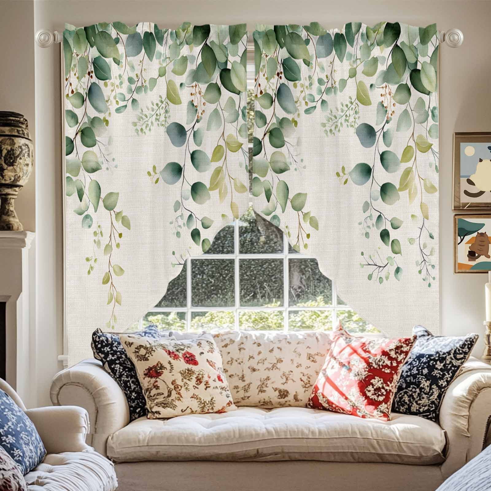 Eucalyptus Leaf Swag Valances for Windows 2 Pack Country Green Plant Linen Texture Swag Kitchen Curtains 63 Inches Long Rod Pocket Short Window Treatment for Kitchen Bathroom 36"x63"