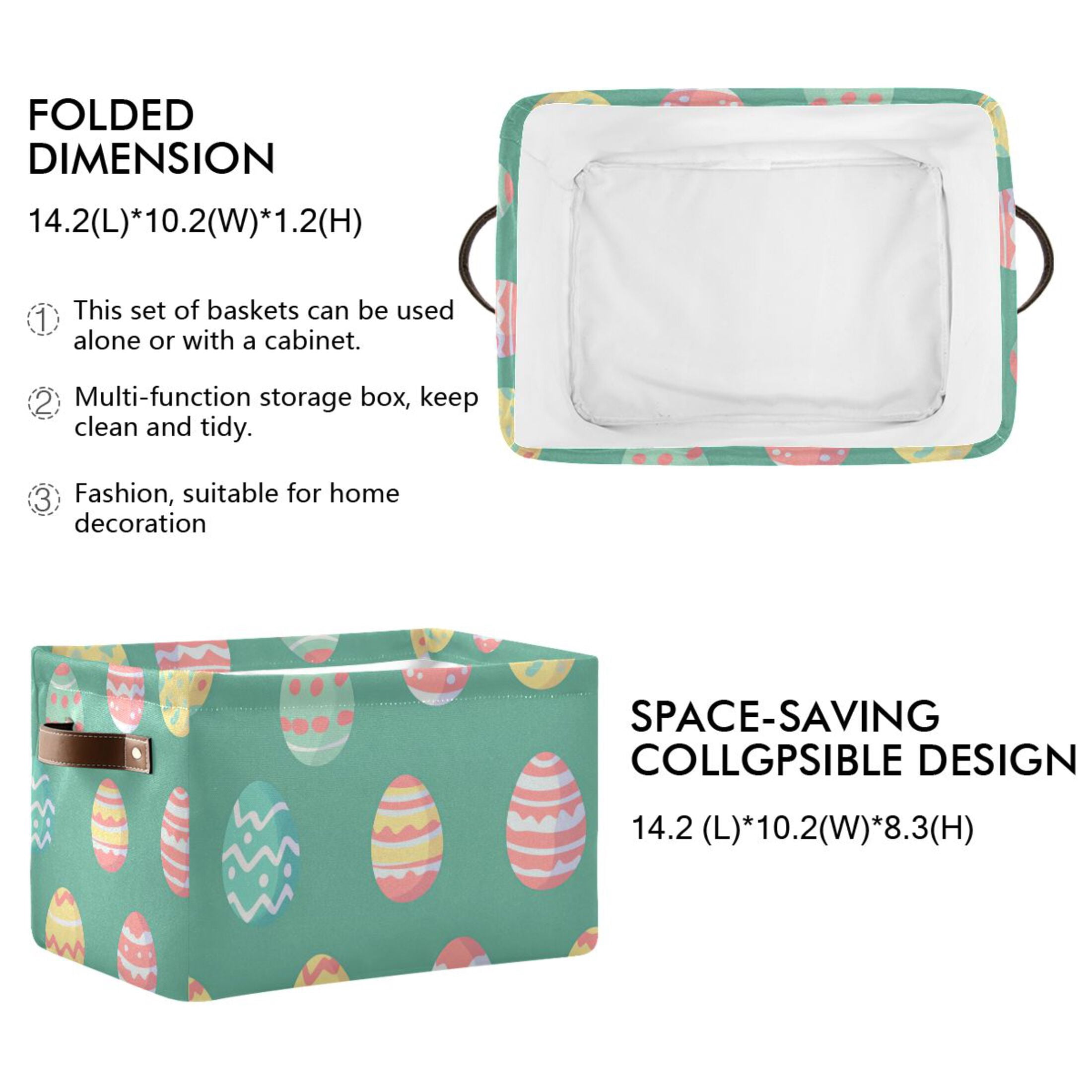 WOBOGO A Pattern Of Colorful Easter Eggs Square Storage Basket with Waterproof Canvas and PE Lining Durable PU Leather Handles 14.2×10.2×8.3in