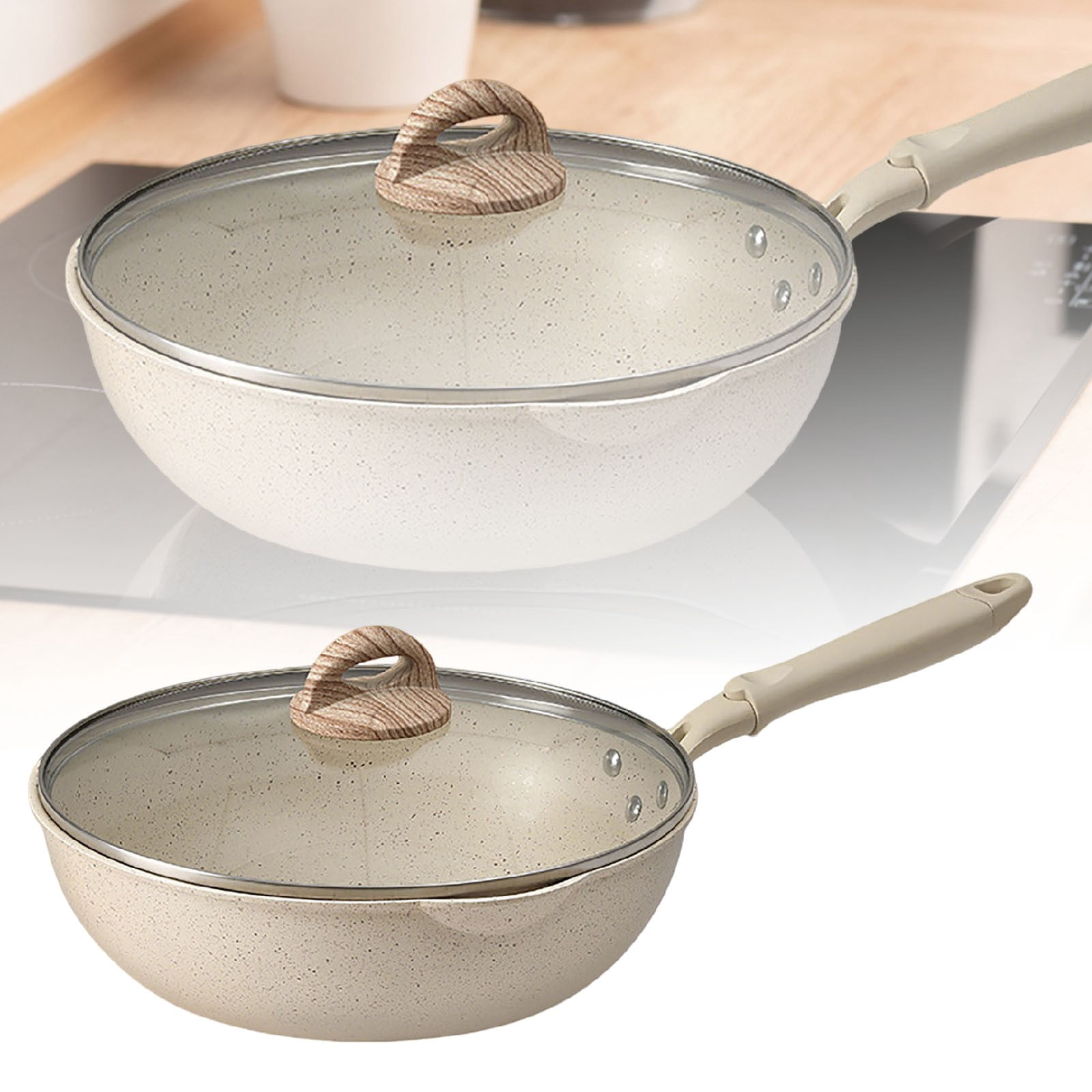 LLDYYDS Non Stick Frying Pan Skillet Nonstick Fry Pan with Glass Lid, Egg Pan Omelet Pans, Granite Cookware White Granite