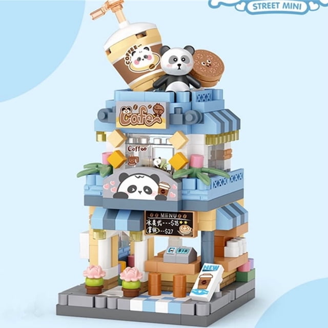 Panda Pet Coffee Ice Cream Flower Shop Street View Building Blocks Set, DIY Bricks Model House Construction Toy, Creative Educational Gift for Girls Kids Ages 6+