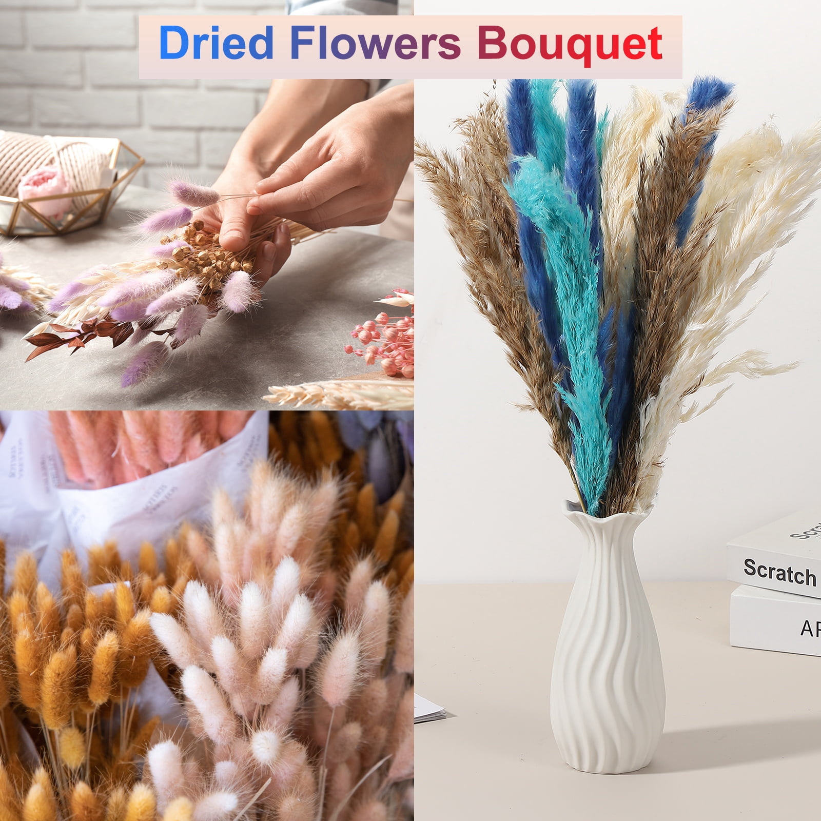 Uxcell 20pcs Natural Rabbit Bunny Tails Dried Flowers 17" Mini Pampas Grass Lagurus Ovatus Bunch for Floral Wedding Decor Christmas, White
