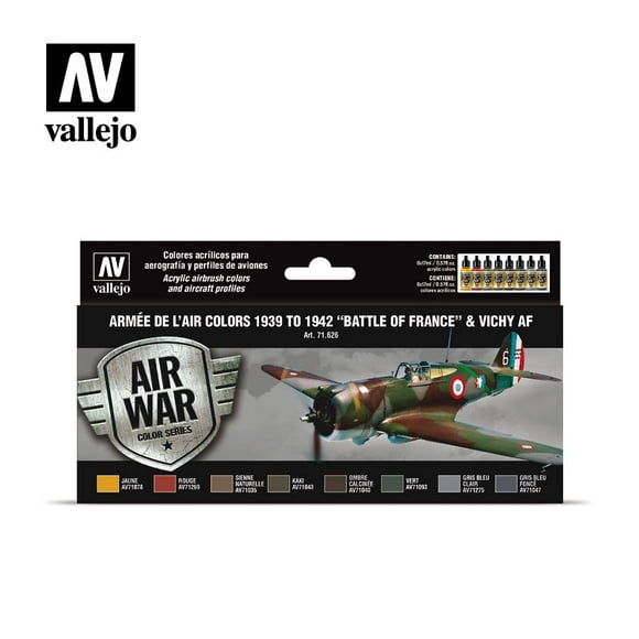 8 Model Air Ensemble - Couleurs d'Armée de l'Air 1939 à 1942 « Bataille de France » et Vichy AF (71.626) Trousse de Maquettes en Plastique Peinture Acrylique Aérographe de Guerre Aérienne