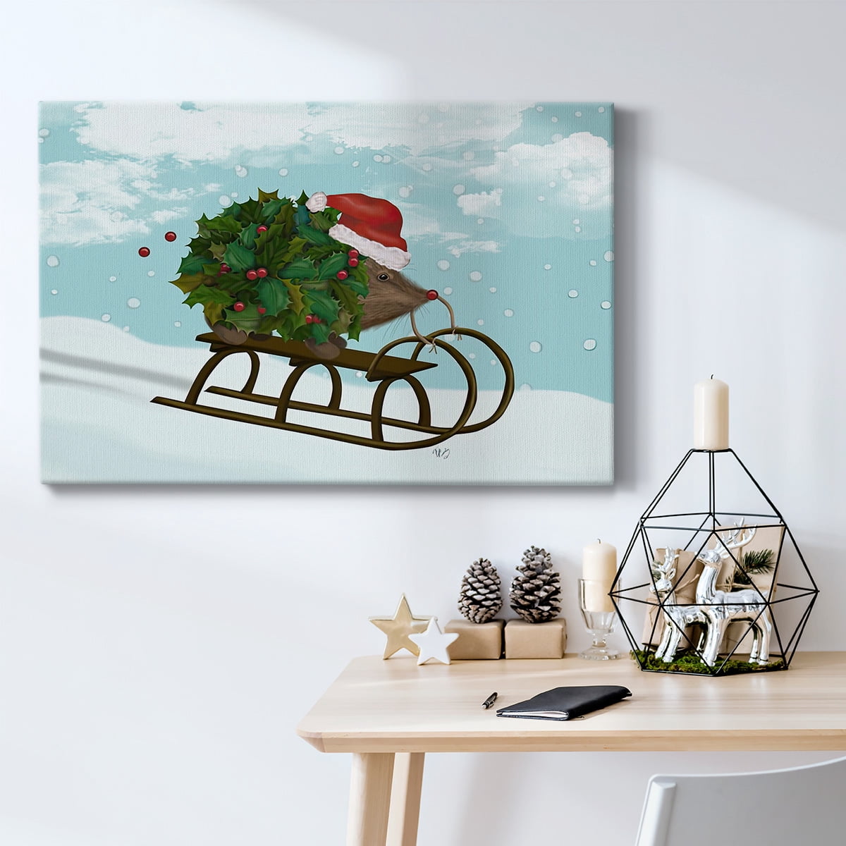 Christmas Holly Hedgehog Sledding- Gallery Wrapped Canvas