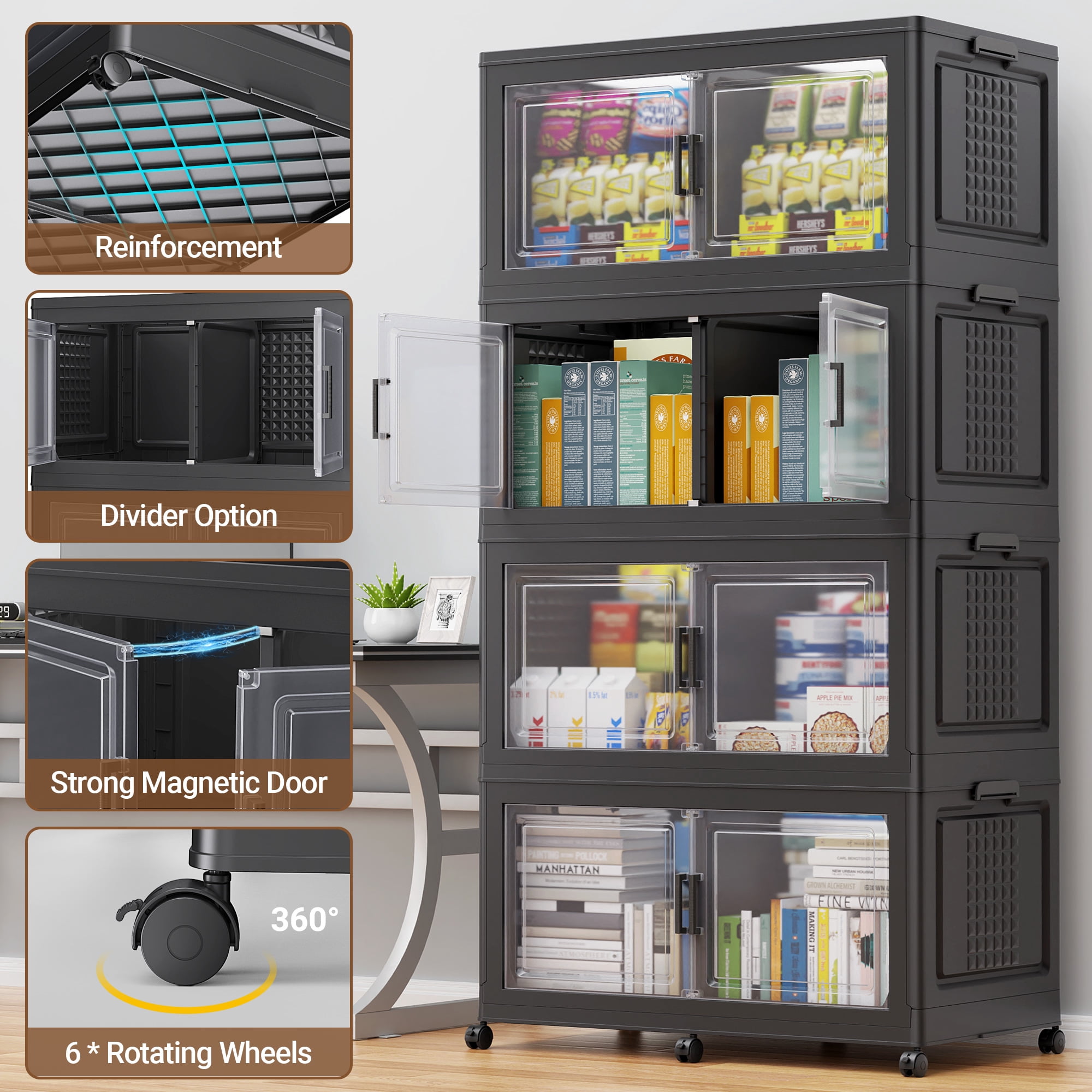 Broview 600QT Stackable Storage Bins with Lid, Wheels & Dividers, Extra Large Collapsible Plastic Closet Organizers Storage Cabinet Box,3Pack Black