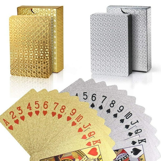 Baraja de póker impermeable con lámina negra, ideal para fiestas y juegos. Tamaño: 12,2 x 11,4 x 2,5 cm. Color: dorado y plateado.