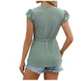 thumbnail image 4 of Drawstring Buttons Shirts for Women Flutter Sleeve V Neck Mesh Hole Solid Long Blouses Ladies Trendy Tops Green,L, 4 of 4