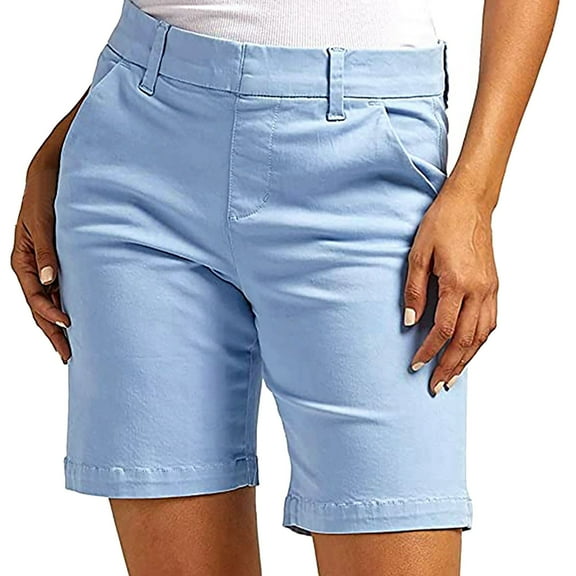 Tiqkatyck Womens Shorts Clearance, Women's 2024 Summer Solid Color Casual High Waisted Versatile High Elastic Twill Shorts Workout Shorts Women Biker Shorts Women Blue L