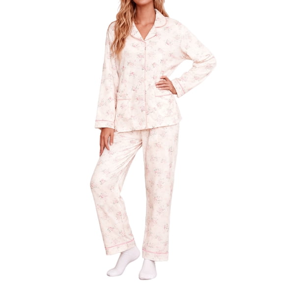 Gunia Soft Pajama Set For Women Floral Print Cozy Home Two Piece Outfit Elegant Design Comfortable Loungewear Pink L
