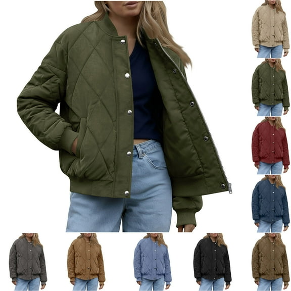 Fewfanhot Winter Clothing for Women Quilted Jackets Casual Button Down Winter Long Sleeve Stand Neck Lightweight Warm Coat