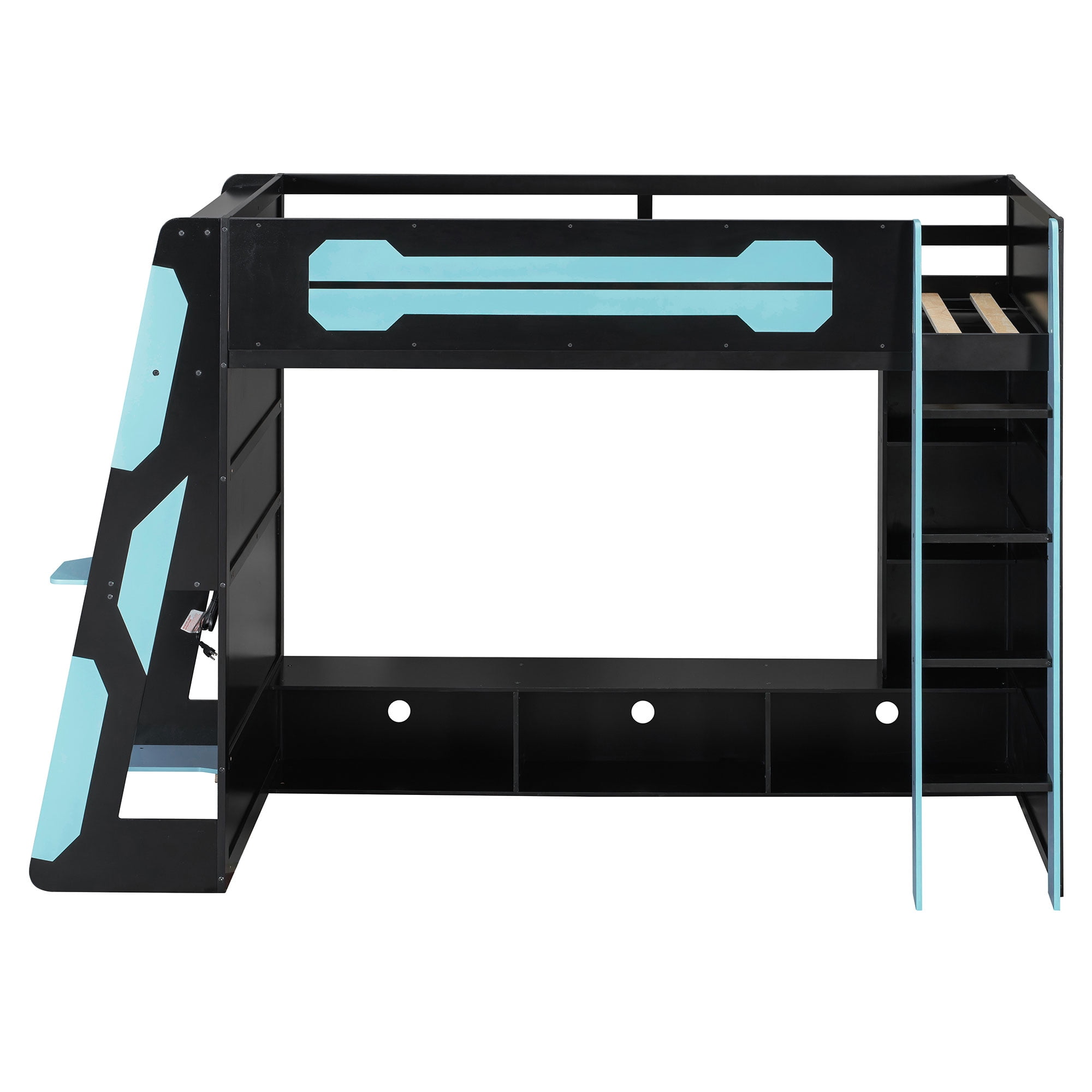 Mintazer Twin Size Gaming Loft Bed with Desk, LED Light & Charging Station, Kids Platform Bed Frame with Storage Shelves for Teens, Black & Blue
