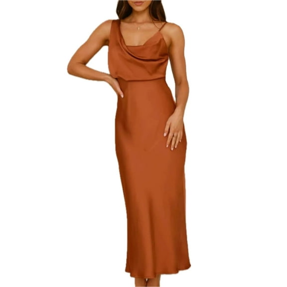 Women's Satin Asymmetrical Midi Dress 100% Polyester Elegant Eveningwear for Special Occasions and Chic Parties