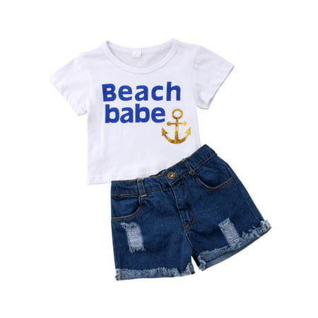 Hot Summer Baby Girls Casual Clothes Set Toddler Kids Short Sleeve T-Shirt Top+ Shredded Short Jeans Outfits