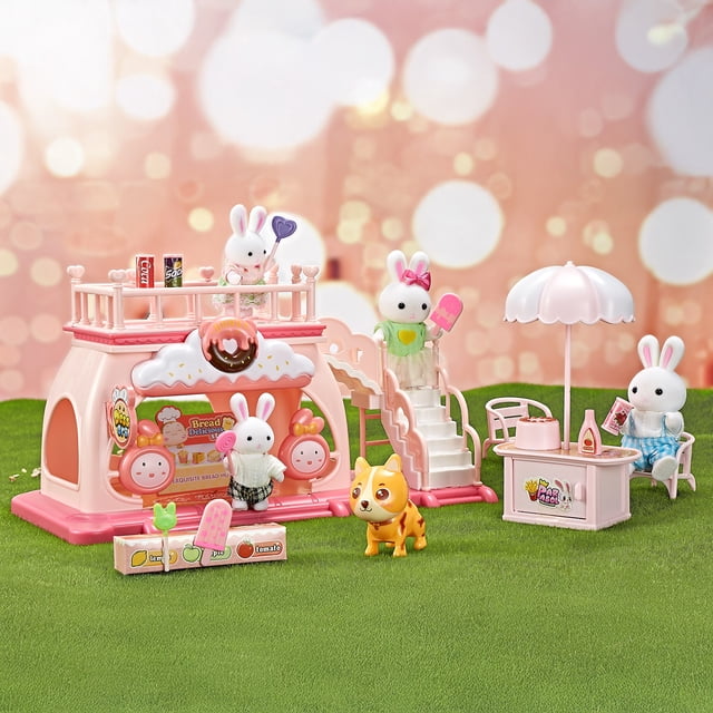 Juguete Casa de Muñecas Set Tienda de Postres de Conejitos con Terraza, Resbaladilla, Accesorios y Figuras Incluidas