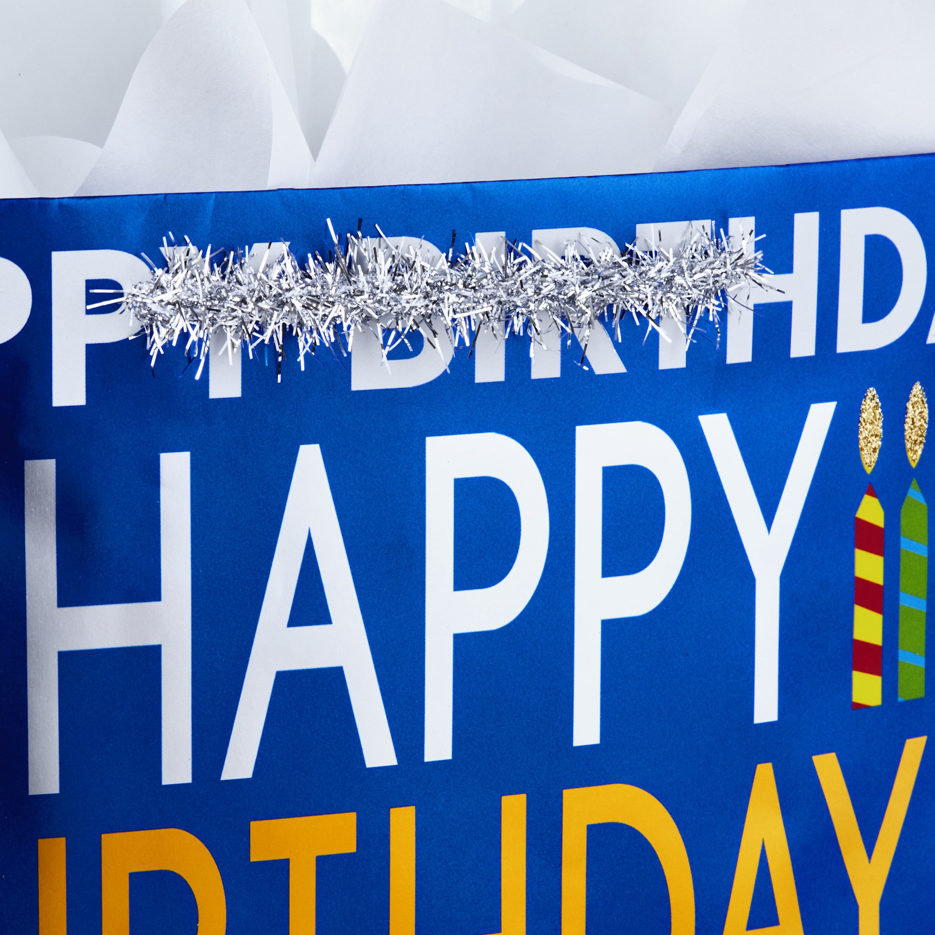 Hallmark 13" Large Birthday Gift Bag with Tissue Paper (Blue Happy Birthday, Multicolored Candles)