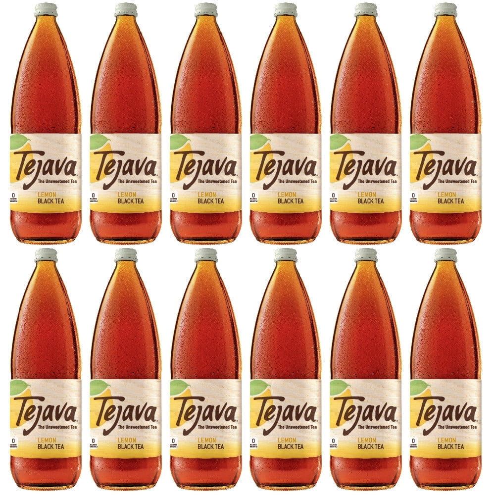 Tejava Lemon Flavored Unsweetened Black Tea, Non-GMO Verified, Glass Bottles, 1 Liter, 12 Pack