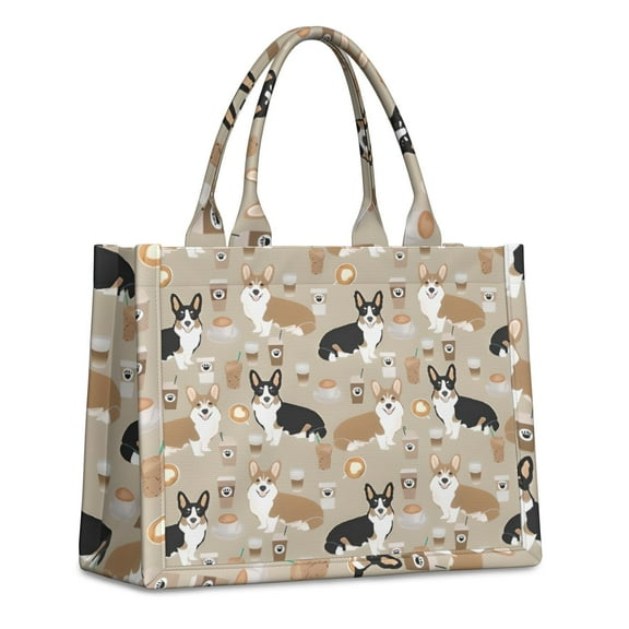 Large Capacity Tote Bag,Cartoon Corgi and Coffee Handbag Fashion Luxury Tote Bag,15.7"x13"x 5.1" Inches,Laptop Compatible