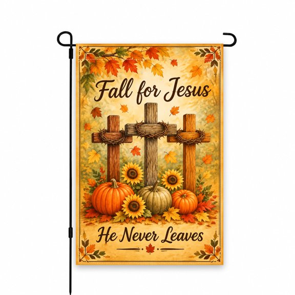 Fall for Jesus Garden Flag with Autumn Leaves & Pumpkins, 12x18 Inch, Inspirational Outdoor Decor for Lawn, Patio, or Porch Display