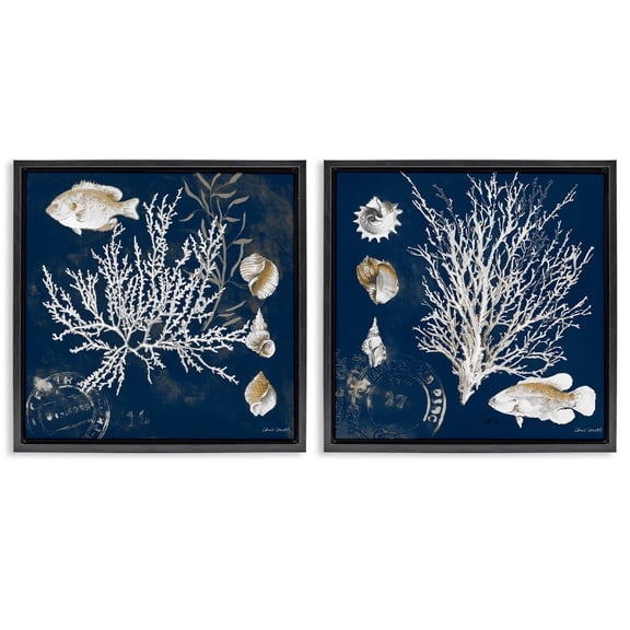 Stupell Industries Navy Coral Medley 2 Piece Black Framed Floater Canvas Set, design by Lanie Loreth