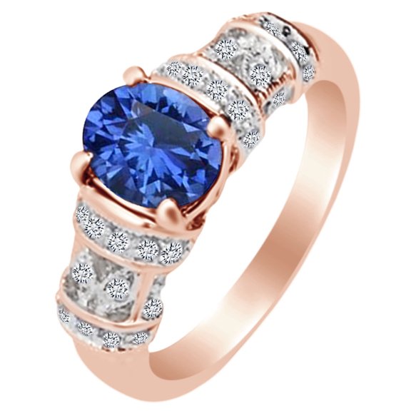 AFFY Simulated Blue Sapphire & White Simulated Diamond Engagement Ring 14k Rose Gold over Silver-7.5