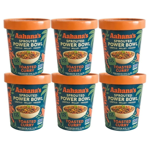 Aahana’s Toasted Curry Sprouted Power Bowl - Gluten-Free, Plant-Based Instant Meal with Sprouted Lentils - 18g Protein, 12g Fiber, Vegan, Non-GMO, Kosher - Just Add Hot Water (6 Pack)