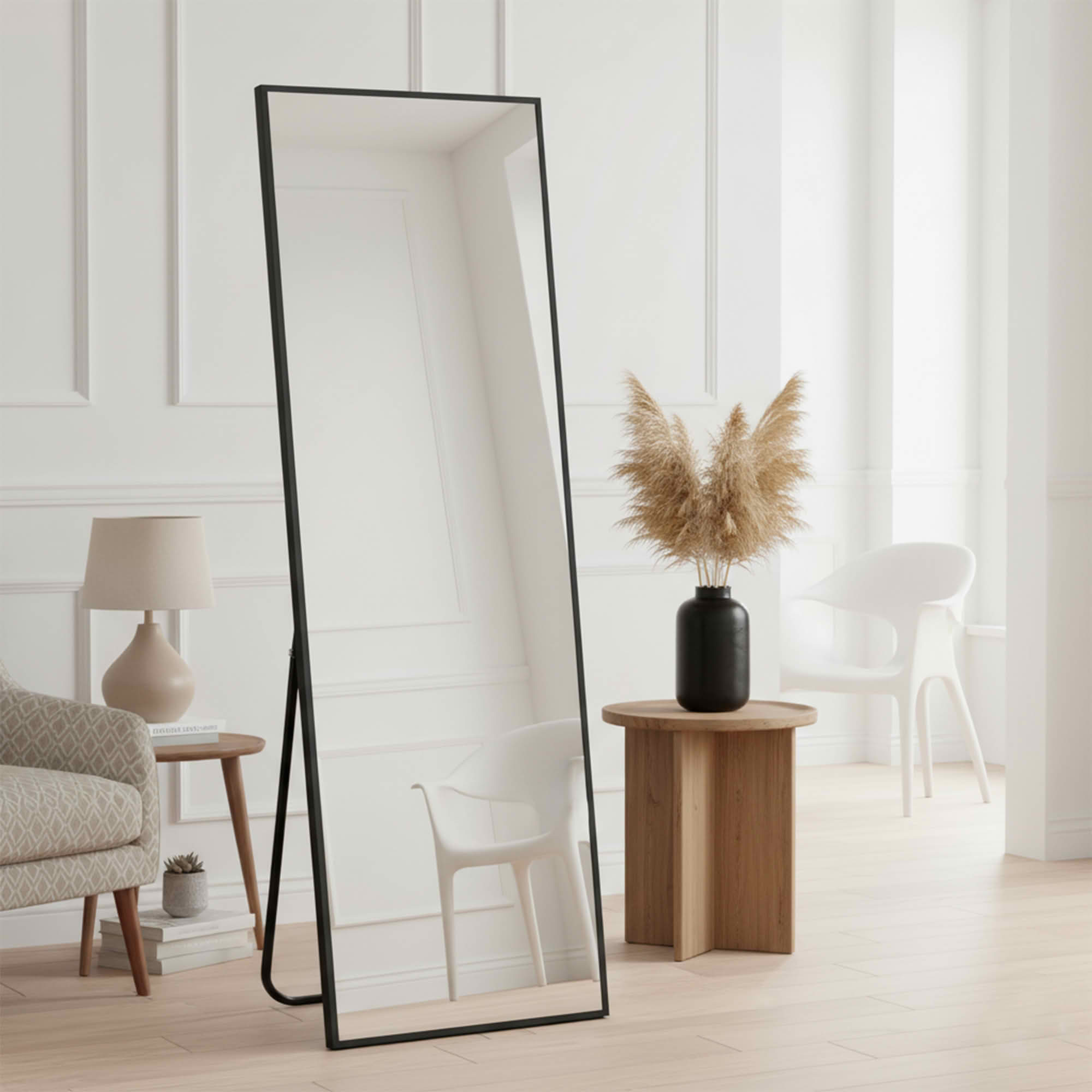 MAYEERTY 58"x18" Aluminum Right Angle Full-Length Mirror, Tempered Glass With Stand, Black