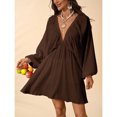 thumbnail image 6 of Coffee Brown Solid Woven Loose V-Neck Long Sleeve Mini Bohemian Dress For Women, Spring Summer Vacation Style, 6 of 7