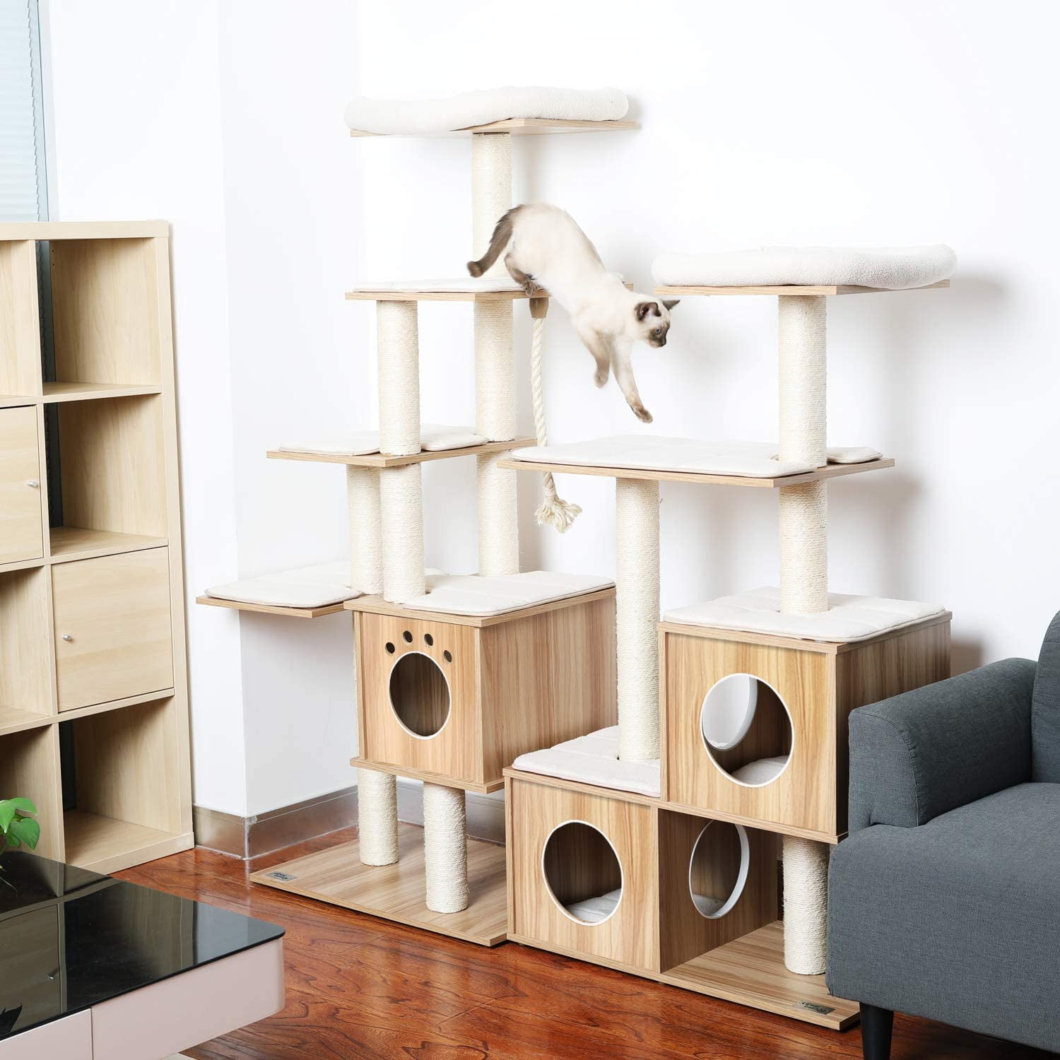LAZY BUDDY 55.6 Double Condo Wooden Cat Tree Tower with Scratching Posts Multi Level Cat Climbing Tree Play House Walmart
