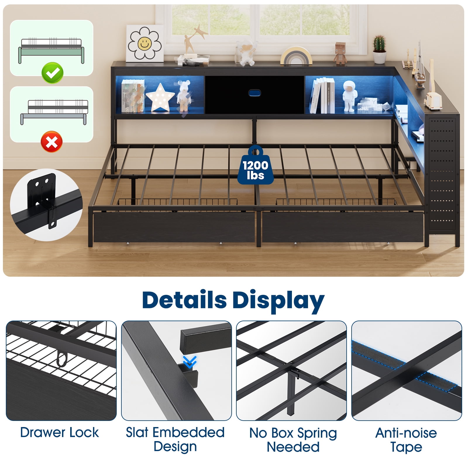 Lusimo Full Corner Bed Frame with Bookcase Storage and LED Lights & Charging Station, Metal Platform Bed Frame with Storage Drawers Underneath for Bedroom, Black