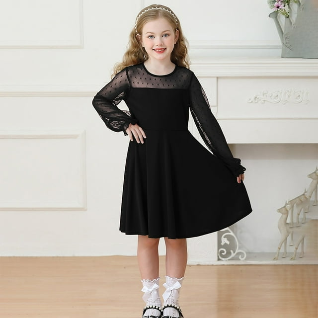Robe Fille Manches Longues Ligne A à Volants Évasée Robe d'Été pour Filles Robe Noire pour Filles Robe de Princesse