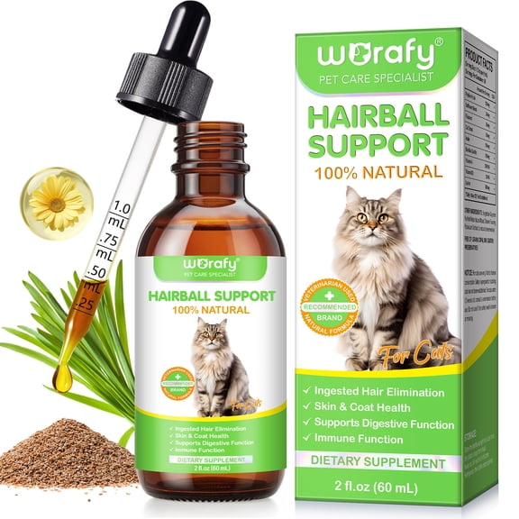 Worafy Cat Hairball Remedy, Natural Hairball Relief Drops with Grass, Prevents Vomiting, Chicken Flavor, 2 fl oz