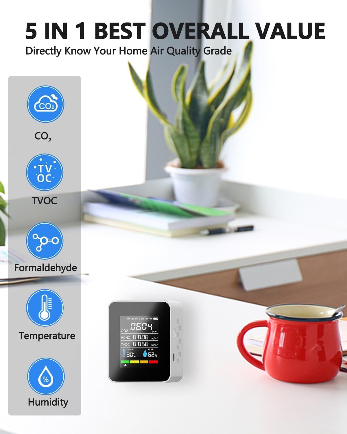 5 in 1 Air Quality Monitor CO2 Meter Carbon Dioxide Detector CO2 CO TVOC HCHO PM2.5 PM1.0 PM10 Temperature Humidity Detection