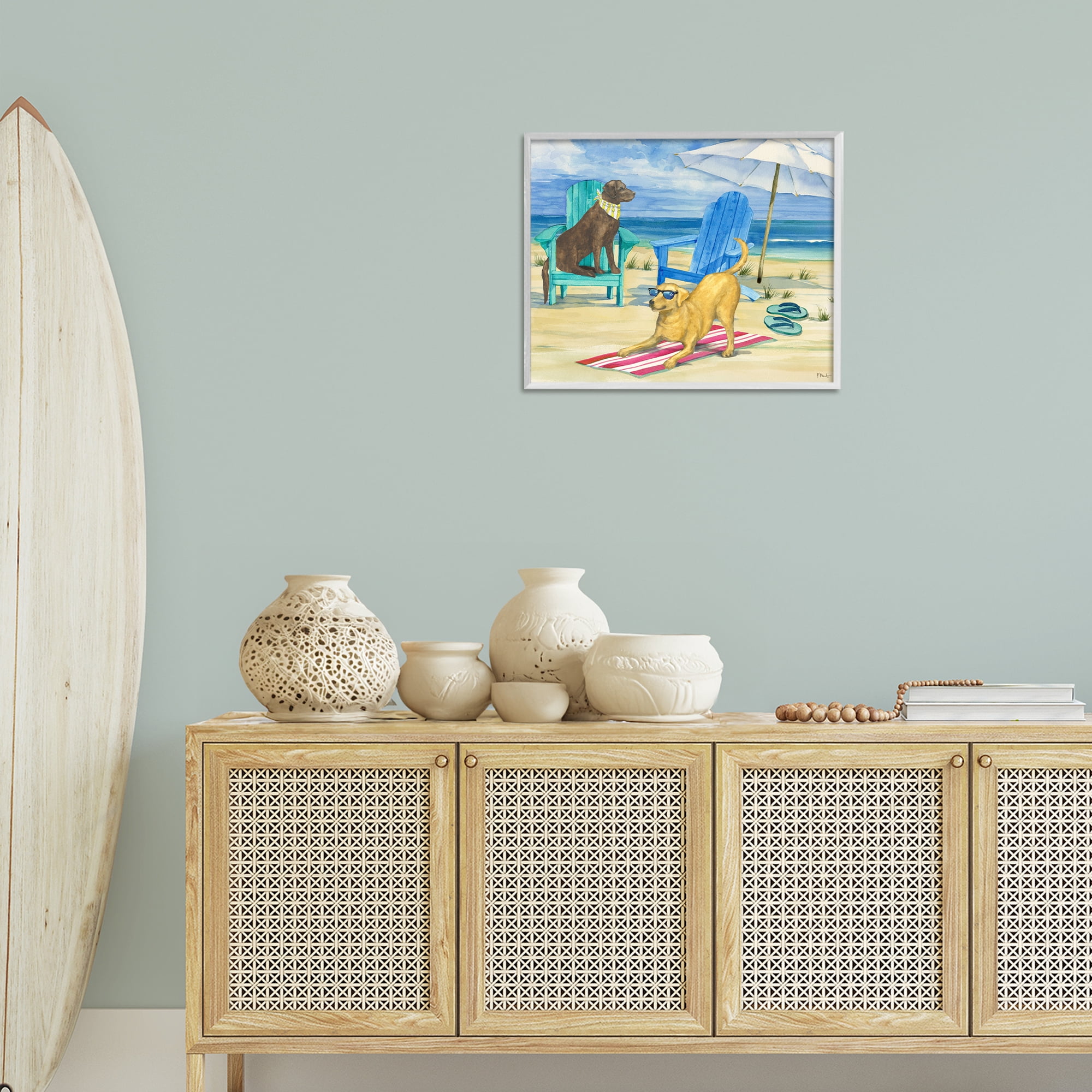 Stupell Industries Dogs on Beach Towel Animals & Insects Painting White Framed Art Print Wall Art, 20 x 16