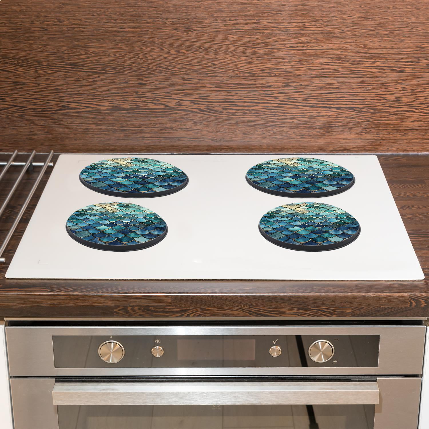 Round Stove Burner Covers 4 Pcs for Home Decor Cooktop Decorative ,Fish Scale Ocean Wave Japanese Multicolor, Metal Round Stove Burner Covers 8Inch And 10Inch