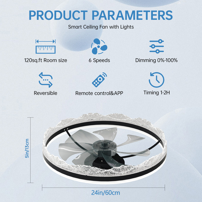 TICOZE 24" Flush Mount Ceiling Fan with Light - Ultra Quiet Crystal LED Fan Light with Hidden Blades, Remote/APP Control & Dimmable 3-Color Lighting for Bedroom, Living Room